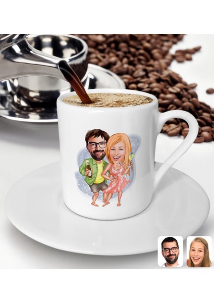 Gift Kişiye Özel Tatilci Sevgililer Karikatürlü Türk Kahvesi Fincanı-1