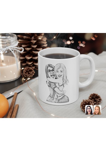 Kişiye Özel Karakalem Kız Kardeşler Karikatürlü Beyaz Kupa Bardak-10