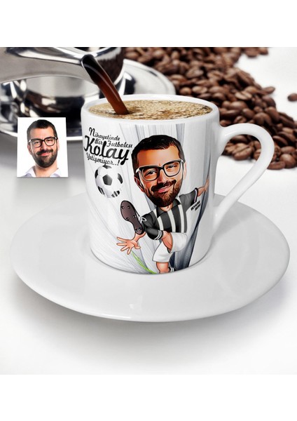 Kişiye Özel Bay Futbolcu Siyah Beyaz Karikatür Türk Kahvesi Fincanı - 1