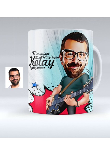 Kişiye Özel Bay Gitarist Karikatürlü Beyaz Kupa Bardak - 1