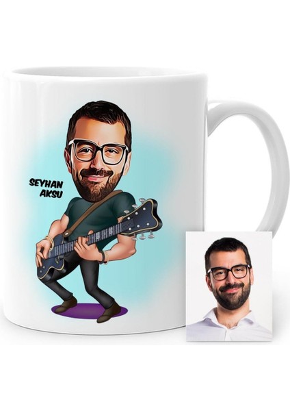 Kişiye Özel Gitarist Karikatür Beyaz Kupa Bardak - 1