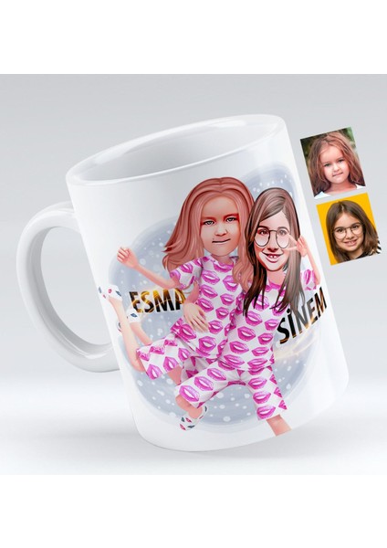 Kişiye Özel Kız Kardeşler Karikatürlü Beyaz Kupa Bardak-1