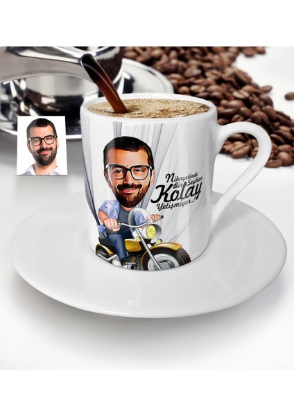 Kişiye Özel Bay Motorcu Karikatür Türk Kahvesi Fincanı - 1