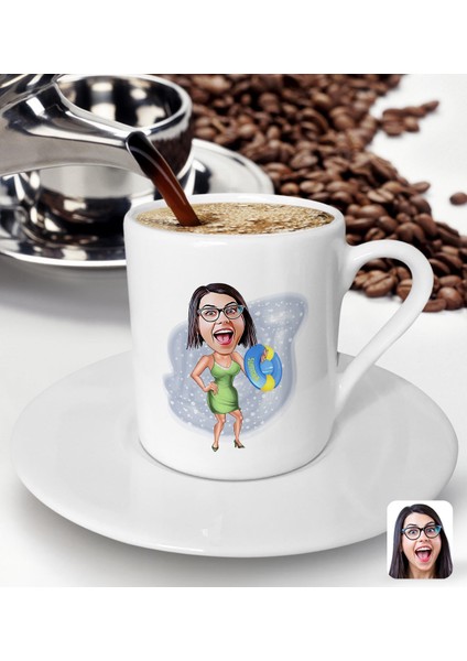 Gift Kişiye Özel Tatilci Kadın Karikatürlü Türk Kahvesi Fincanı-6
