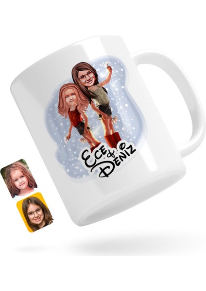Kişiye Özel Kız Kardeşler Karikatürlü Beyaz Kupa Bardak-5