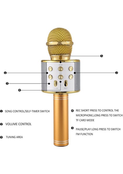 Karaoke Mikrofon Bluetooth Hoparlör USB Sd Kart ve Aux Girişli - Gold