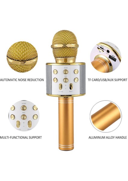Karaoke Mikrofon Bluetooth Hoparlör USB Sd Kart ve Aux Girişli - Gold
