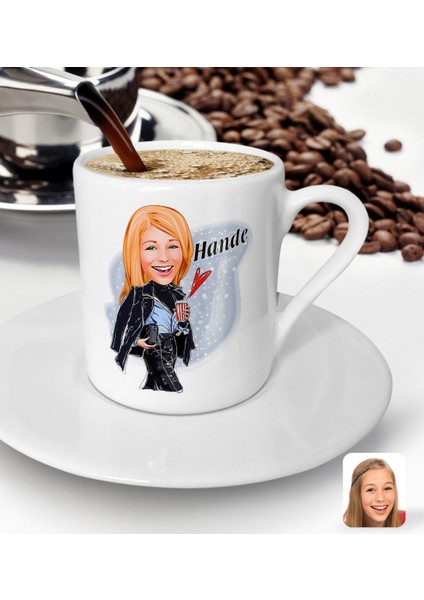 Kişiye Özel Kadın Moda Ikonu Karikatürlü Türk Kahvesi Fincanı-4