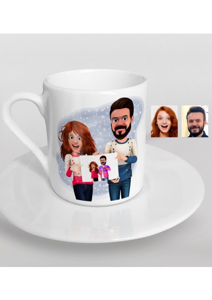 Kişiye Özel Sevgililer Animasyon Karikatürlü Türk Kahvesi Fincanı-33