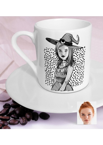 Kişiye Özel Bayan Cadı Karikatürlü Türk Kahvesi Fincanı