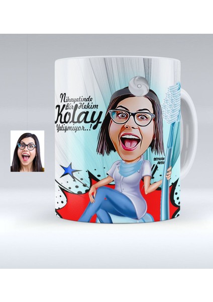 Kişiye Özel Bayan Diş Hekimi Karikatürlü Beyaz Kupa Bardak - 3