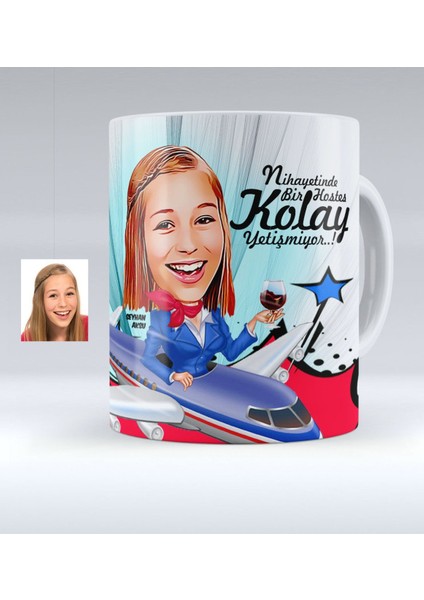 Kişiye Özel Hostes Karikatürlü Beyaz Kupa Bardak - 1