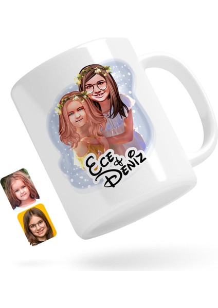 Kişiye Özel Kız Kardeşler Karikatürlü Beyaz Kupa Bardak-2