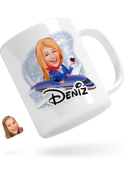 Kişiye Özel Hostes Karikatürlü Beyaz Kupa Bardak-1