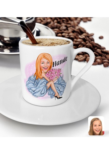 Kişiye Özel Kadın Moda Ikonu Karikatürlü Türk Kahvesi Fincanı-7