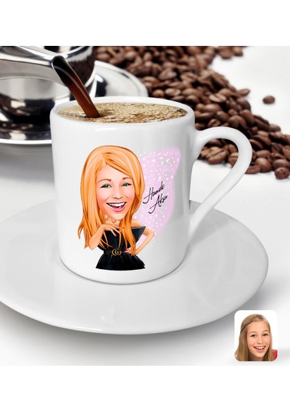 Kişiye Özel Kadın Moda Ikonu Karikatürlü Türk Kahvesi Fincanı-2