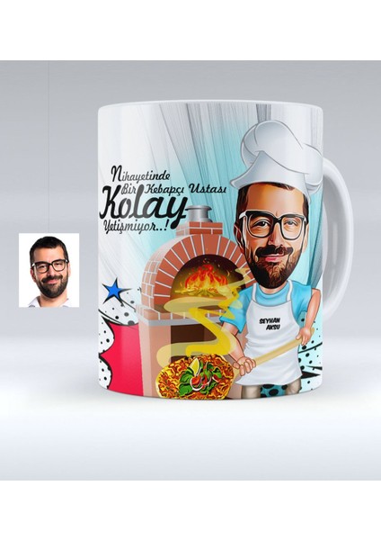 Kişiye Özel Bay Kebapçı Ustası Karikatürlü Beyaz Kupa Bardak - 1