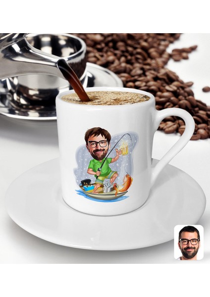 Gift Kişiye Özel Erkek Balıkçı Karikatürlü Türk Kahvesi Fincanı-2