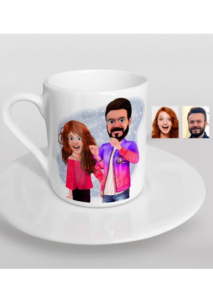 Kişiye Özel Sevgililer Animasyon Karikatürlü Türk Kahvesi Fincanı-32