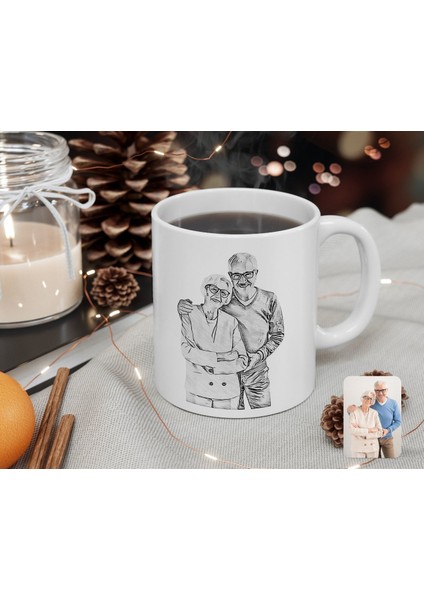 Kişiye Özel Tam Boy Karakalem Büyükanne ve Büyükbaba Karikatürlü Beyaz Kupa Bardak-1