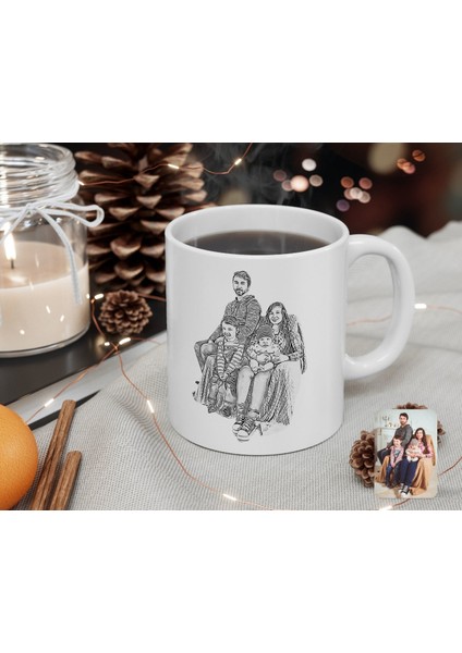 Kişiye Özel Tam Boy Karakalem Aile Karikatürlü Beyaz Kupa Bardak-2