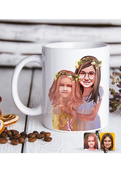 Kişiye Özel Kız Kardeşler Karikatürlü Beyaz Kupa Bardak-2