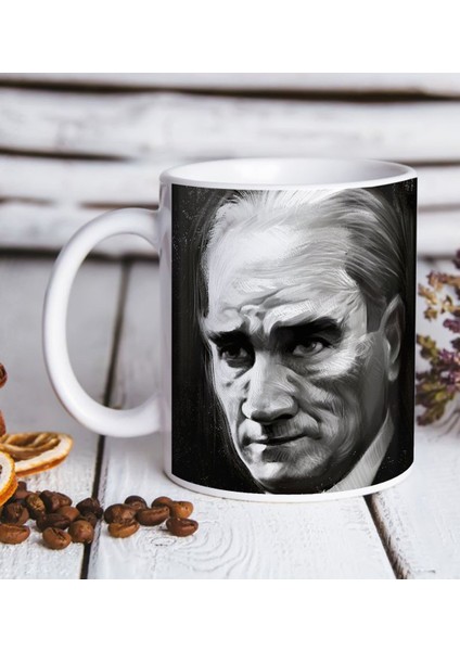 Atatürk Karakalem Portre Tasarımlı Beyaz Kupa Bardak-1