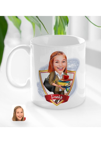 Kişiye Özel Isimli Kadın Öğretmen Karikatürlü Beyaz Kupa Bardak-4