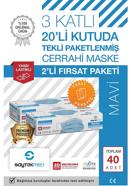 Tek Tek Steril Paketli, Meltblown Filtreli, 3 Katlı Mavi Maske (2 Kutu/40 Adet)