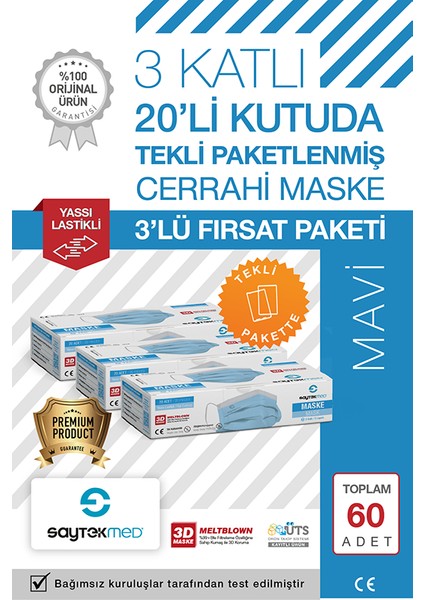 Tek Tek Steril Paketli, Meltblown Filtreli, 3 Katlı Mavi Maske (3 Kutu/60 Adet)