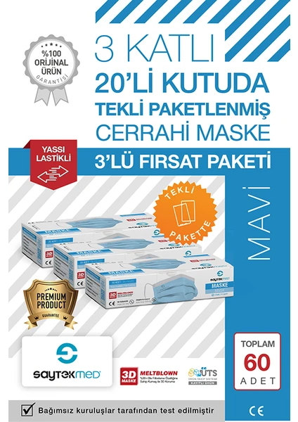 Saytekmed Tek Tek Steril Paketli, Meltblown Filtreli, 3 Katlı Mavi Maske (3 Kutu/60 Adet)