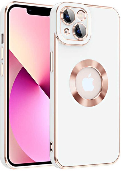 Apple iPhone 13 Kapak Mercek Korumalı Logo Gösteren Tasarım Silikon Kılıf - Beyaz