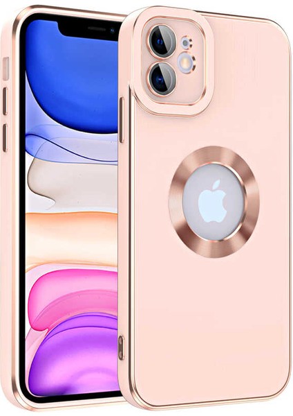 Apple iPhone 12 Kapak Mercek Korumalı Logo Gösteren Tasarım Silikon Kılıf - Rose Gold