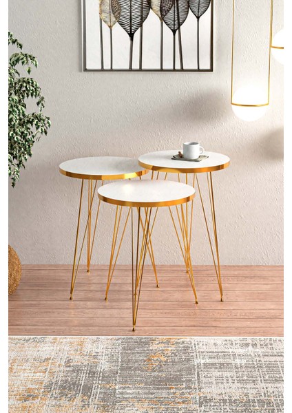 Beyaz Gold Metal Ayaklı Gold Detaylı Zigon Sehpa