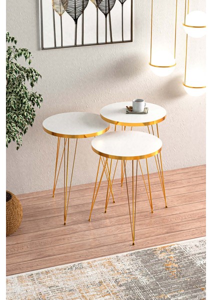 Beyaz Gold Metal Ayaklı Gold Detaylı Zigon Sehpa fiyatları