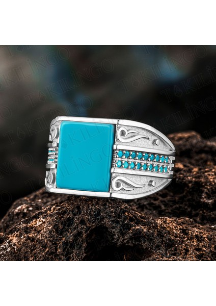 925 Ayar Gümüş Firuze Turkuaz Taşlı Sade Erkek Yüzük