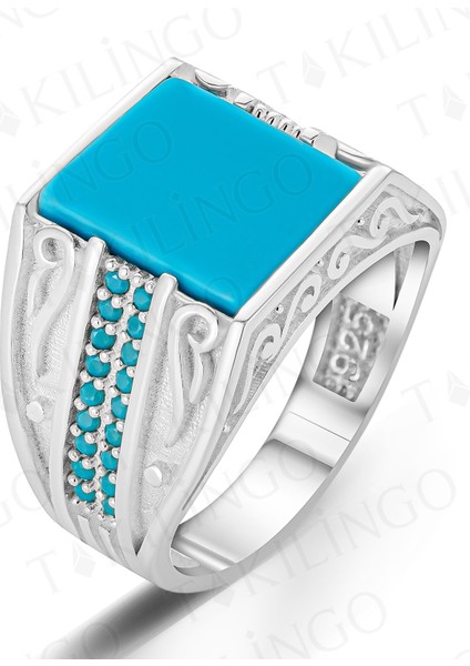 925 Ayar Gümüş Firuze Turkuaz Taşlı Sade Erkek Yüzük fiyatları