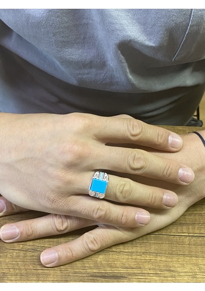 925 Ayar Gümüş Firuze Turkuaz Taşlı Sade Erkek Yüzük modelleri