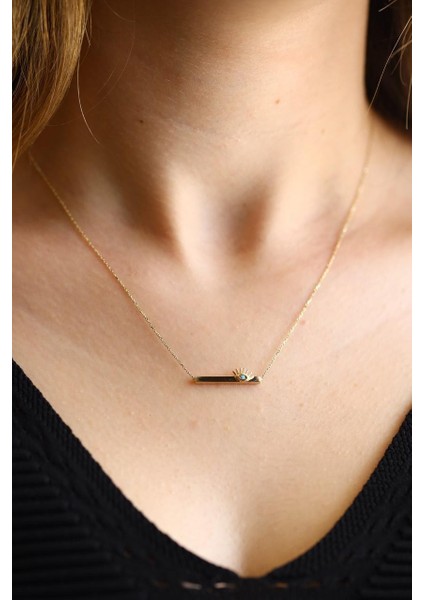 Firuze Taşlı Plaka Kirpik Altın Kolye