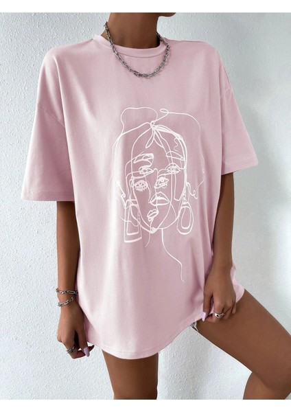 Kadın Çizgili Figür Oversize T-Shirt