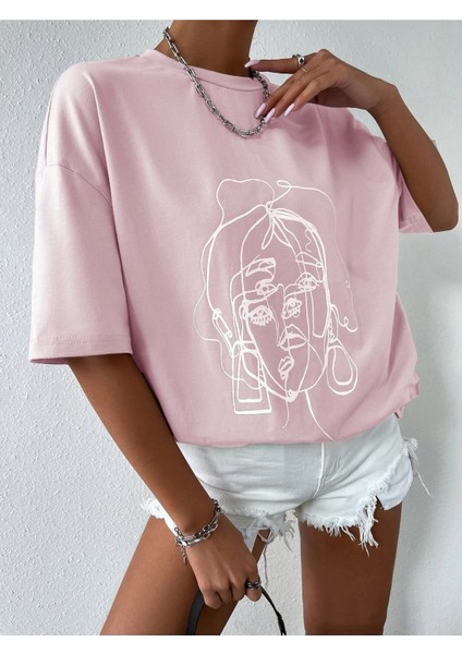 Kadın Çizgili Figür Oversize T-Shirt modelleri
