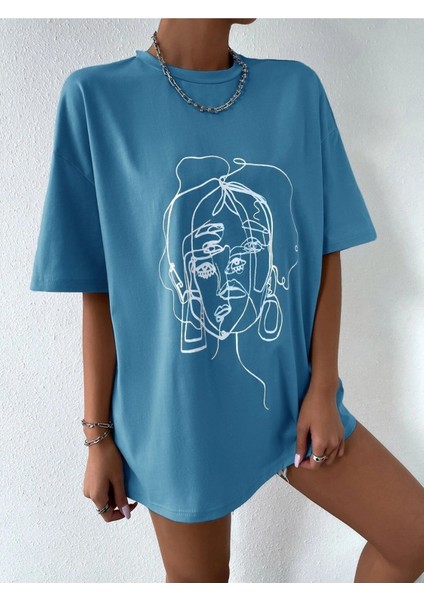 Kadın Çizgili Figür Oversize T-Shirt