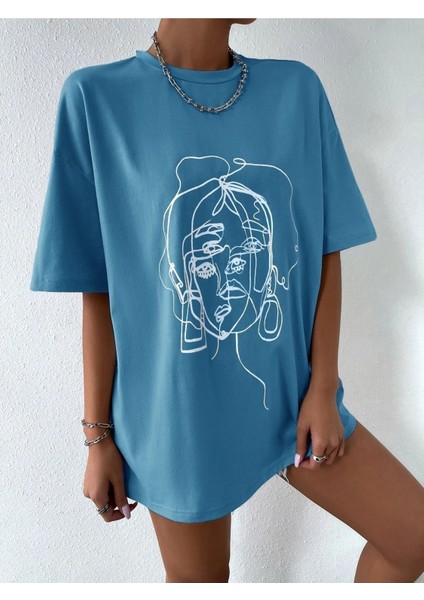 Kadın Çizgili Figür Oversize T-Shirt indirimleri