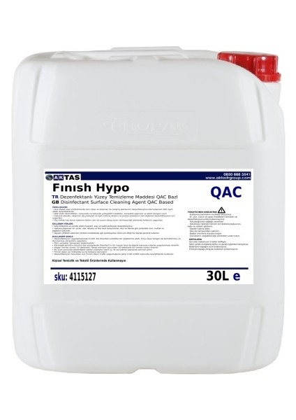 Finish Hypo Qac Konsantre Yüzey Temizleme Hijyen Maddesi Qac Bazlı 30 lt