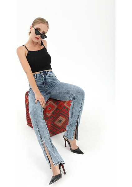 Yüksek Bel Önden Yırtmaçlı Likralı Denim Pantolon - Mavi