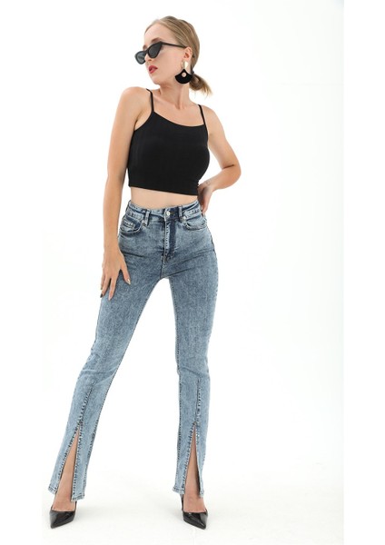Yüksek Bel Önden Yırtmaçlı Likralı Denim Pantolon - Mavi
