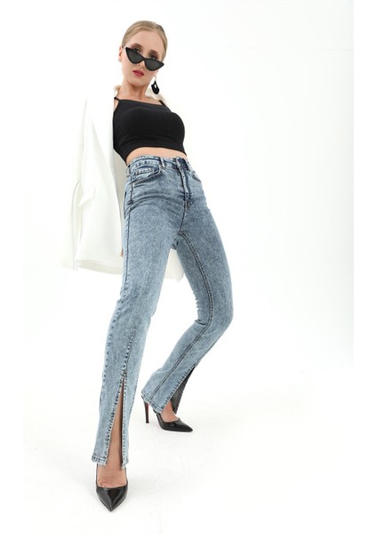 Yüksek Bel Önden Yırtmaçlı Likralı Denim Pantolon - Mavi