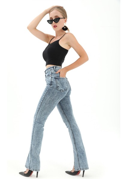 Yüksek Bel Önden Yırtmaçlı Likralı Denim Pantolon - Mavi