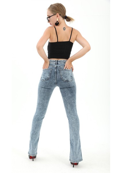Yüksek Bel Önden Yırtmaçlı Likralı Denim Pantolon - Mavi