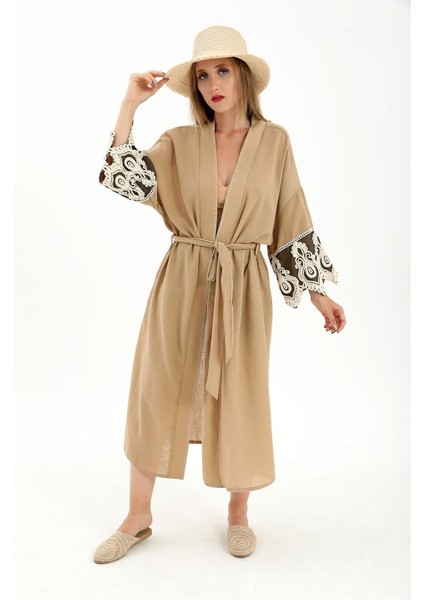 Kolları Dantelli Keten Kimono - Vizon fiyatları